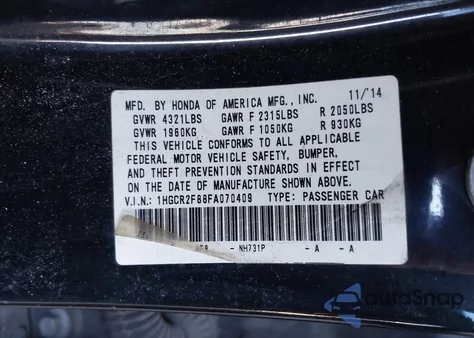 2015 Honda Accord Ex-L z USA, uszkodzony, nr VIN 1HGCR2F88FA070409